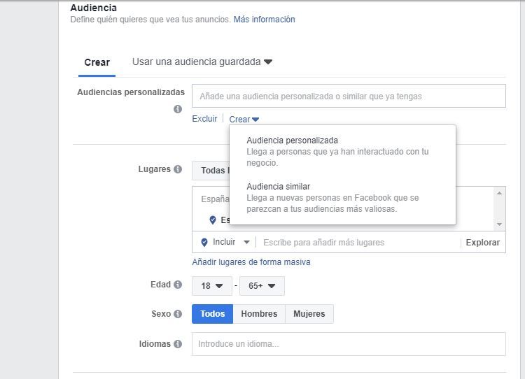 Crear audiencias Facebook desde conjunto de anuncios