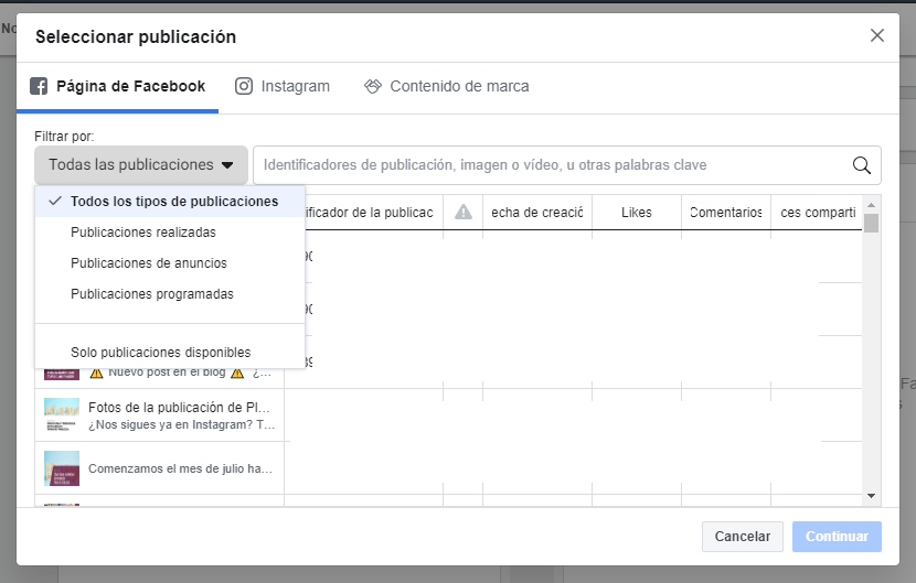 Elegir publicación existente