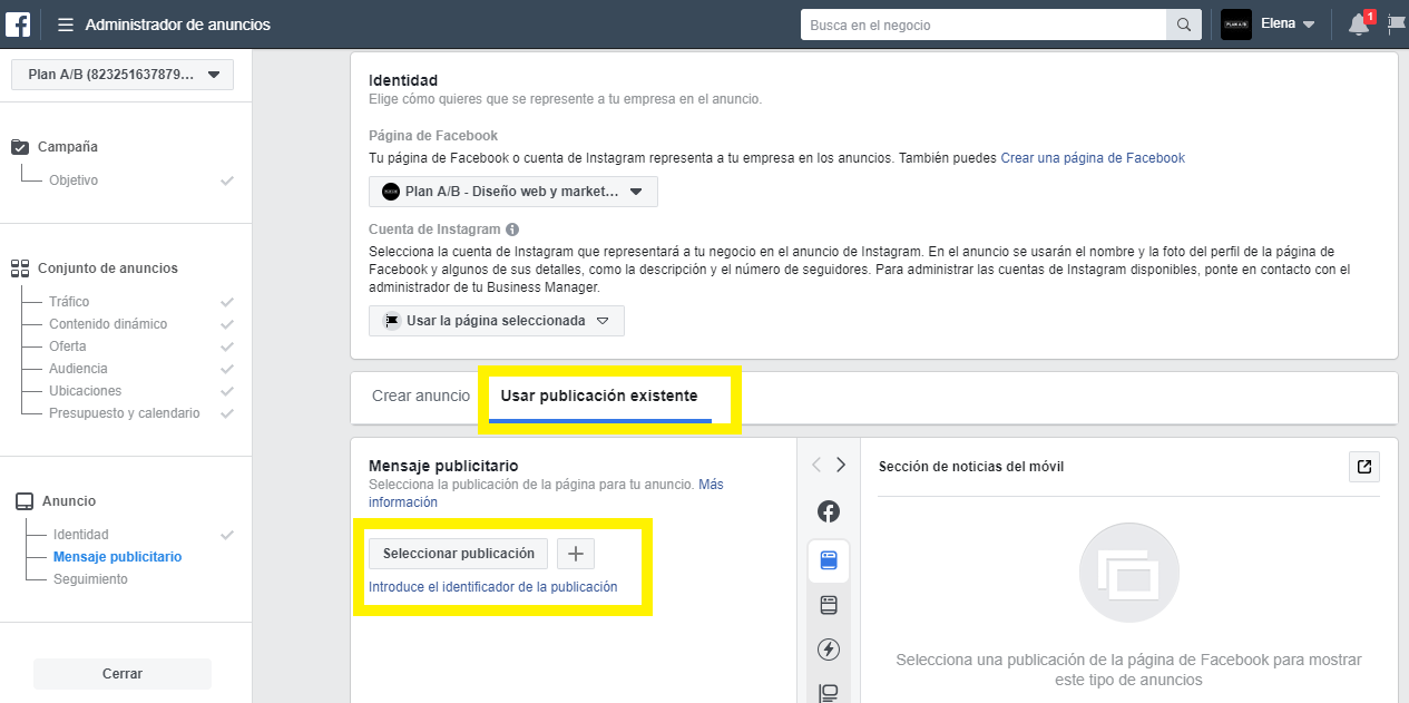 Usar publicación existente para anuncios de Facebook