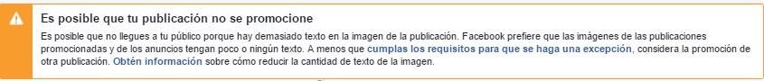 Aviso exceso de texto anuncios Facebook