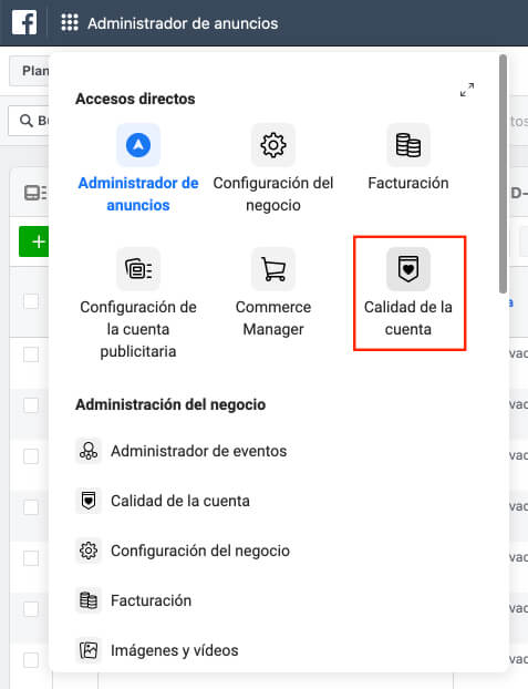 Página calidad de la cuenta de Facebook
