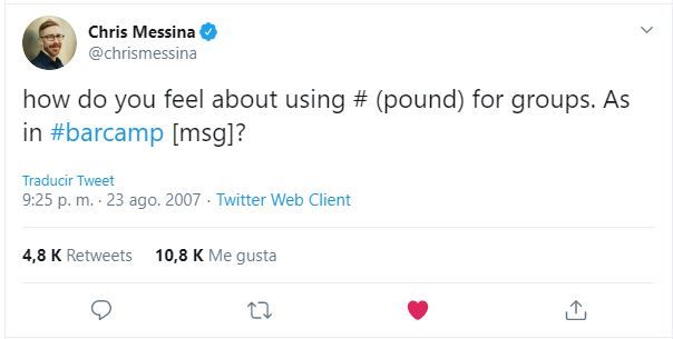 Tuit Chris Messina inicio hashtags