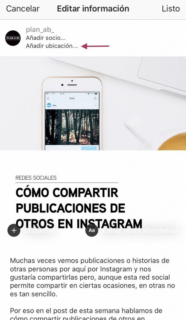 Añadir ubicación foto Instagram