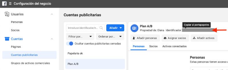 Identificador cuenta publicitaria Facebook