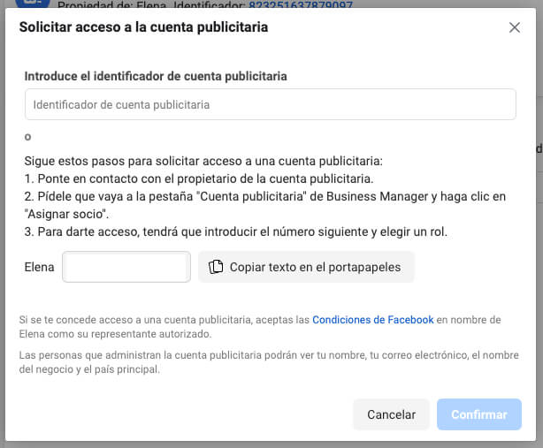 Solicitar acceso a cuenta publicitaria Facebook